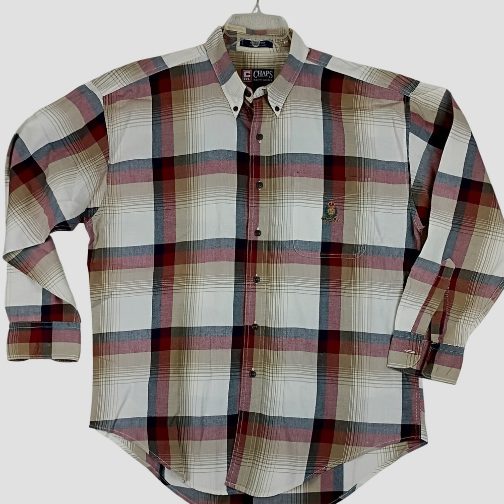 Chaps Ralph Lauren Plaid Button Down Shirt Mens Large Beige Red Vintage 90s